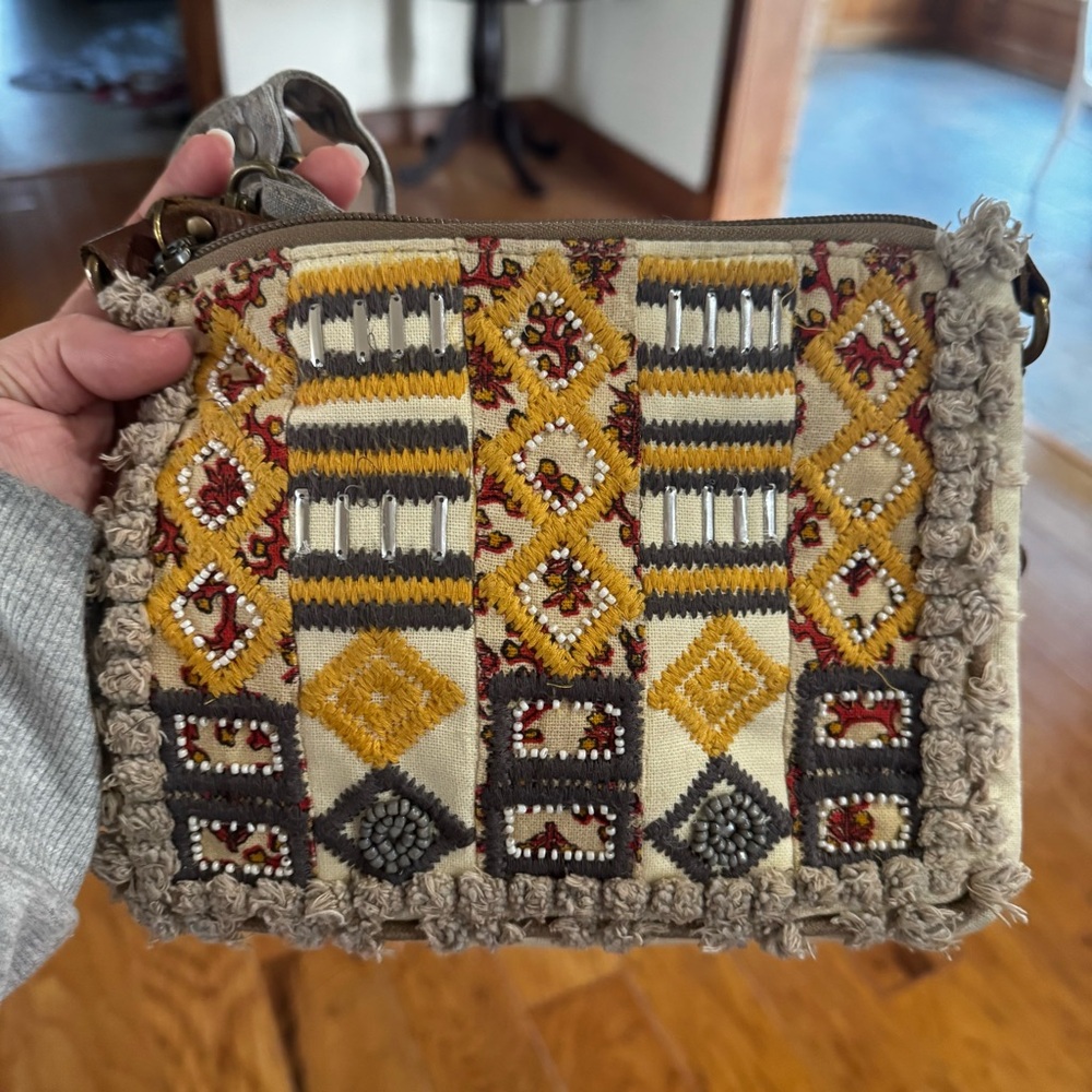 Myra Crossbody Bag Tapestry Gray Fabric Strap 8.75x6.75 Boho Chic Western Beaded